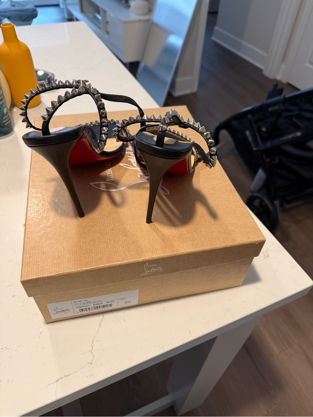 Christian Louboutin Black Leather Spike-Strap Stiletto Heels with Red Sole